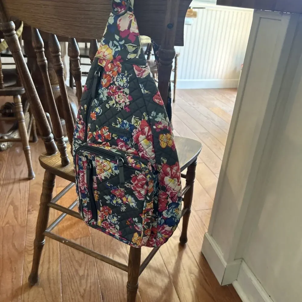 Vera Bradley Sling Backpack Pretty Posies Gray Pink Multi Floral Quilted Iconic